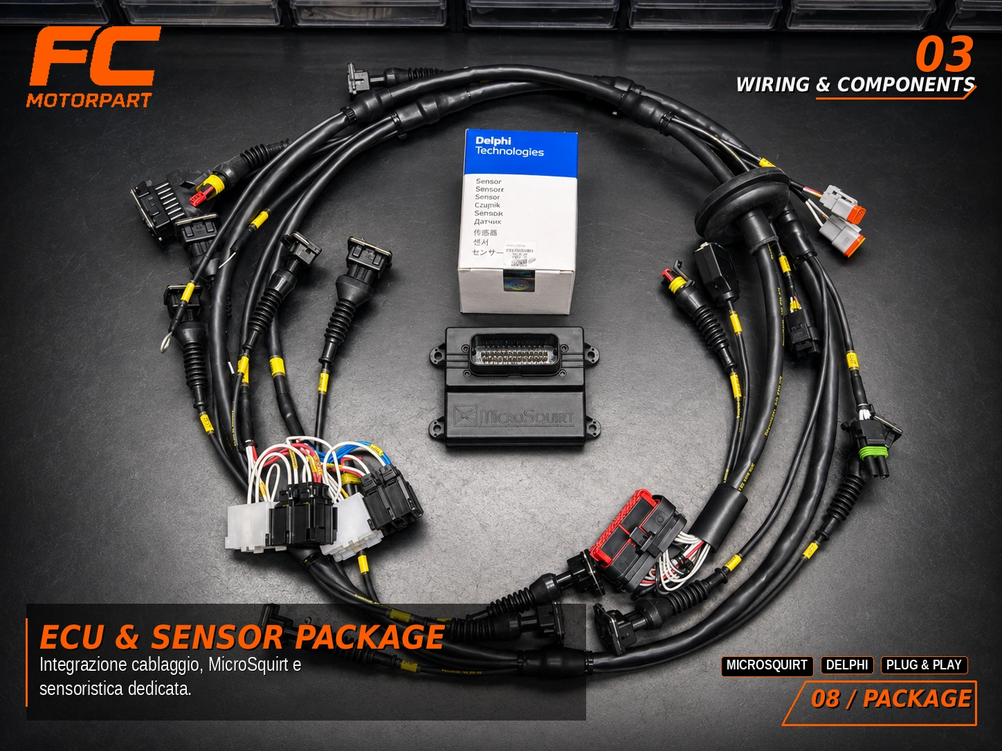 Kit cablaggio automotive con MicroSquirt e sensore Delphi